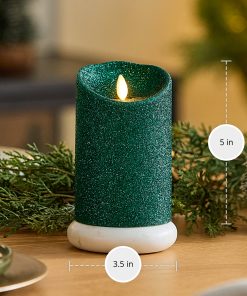 Holiday Green Glitter Flameless Candle Pillar