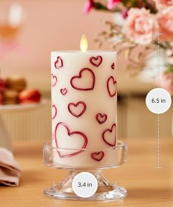 White Porcelain with Metallic Raspberry Hearts Flameless Candle Pillar