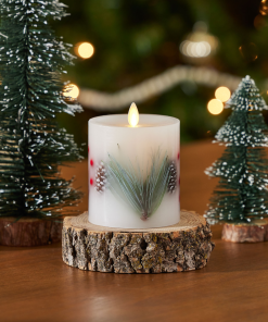 Embedded Pine, Berries & Pinecones Flameless Candle Pillar