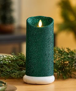 Holiday Green Glitter Flameless Candle Pillar