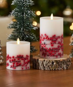Embedded Red Berries Flameless Candle Pillar