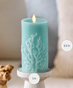 Soft Teal Embossed Coral Flameless Candle Pillar