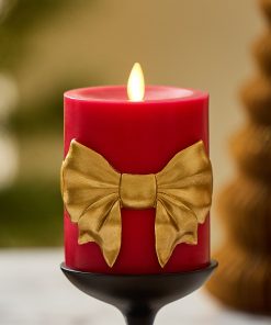Holiday Red with Gold Bow Flameless Candle Pillar