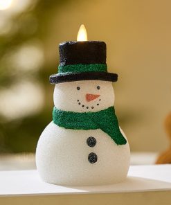 White Glitter Flameless Candle Snowman