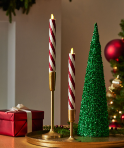 Red Candy Cane Glitter Stripe White Flameless Candle Tapers - Set of 2