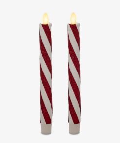 Red Candy Cane Glitter Stripe White Flameless Candle Tapers - Set of 2