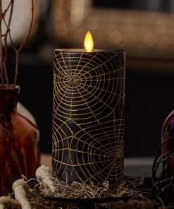 Black and Gold Spider Web Flameless Candle Pillar