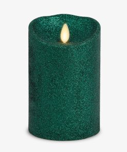 Holiday Green Glitter Flameless Candle Pillar