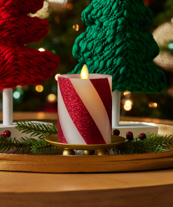 Red Candy Cane Wide Glitter Stripe White Flameless Candle Pillar