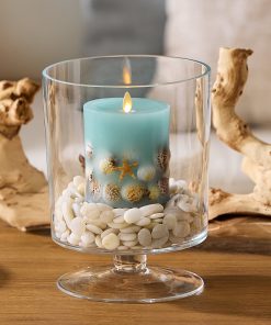 Soft Teal Embedded Seashell & Starfish Flameless Candle Pillar