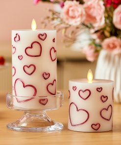 White Porcelain with Metallic Raspberry Hearts Flameless Candle Pillar