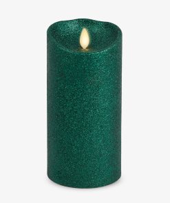 Holiday Green Glitter Flameless Candle Pillar