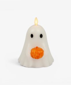 Bright White Ghost Holding Pumpkin Flameless Candle
