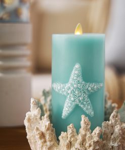 Soft Teal Embossed Starfish Flameless Candle Pillar