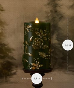 Holiday Green Embossed Pinecones Flameless Candle Pillar