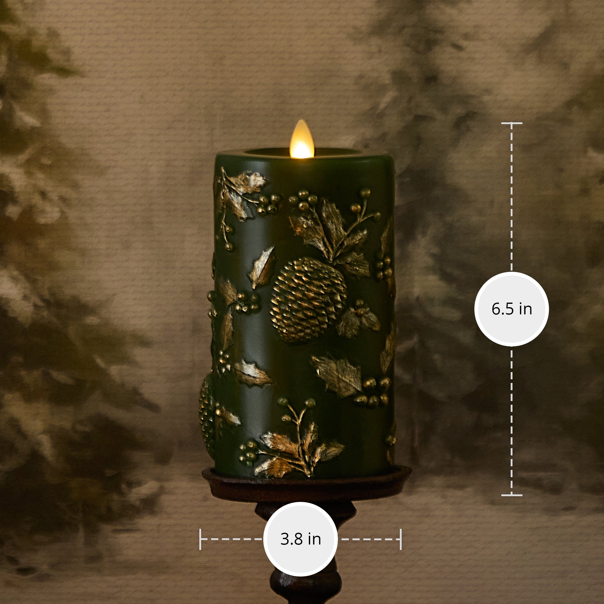sm-image-cadd31ce494d1e21e2711ec3 Holiday Green Embossed Pinecones Flameless Candle Pillar