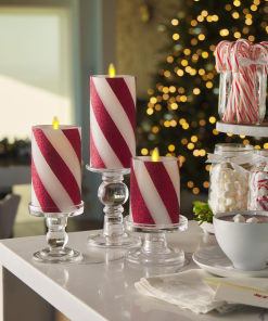Red Candy Cane Wide Glitter Stripe White Flameless Candle Pillar