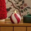 Red Candy Cane Glitter Stripe White Flameless Candle Sphere