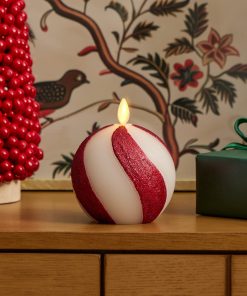 Red Candy Cane Glitter Stripe White Flameless Candle Sphere