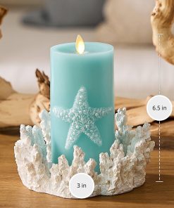 Soft Teal Embossed Starfish Flameless Candle Pillar