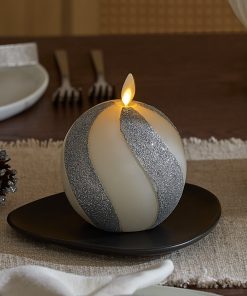 Brilliant Silver Candy Cane Glitter Flameless Candle Sphere