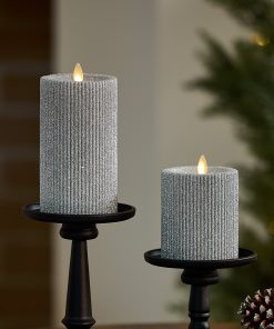 Brilliant Silver Glitter Ribbed Flameless Candle Pillar