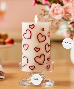 White Porcelain with Metallic Red Hearts Flameless Candle Pillar
