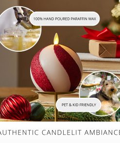 Red Candy Cane Glitter Stripe White Flameless Candle Sphere