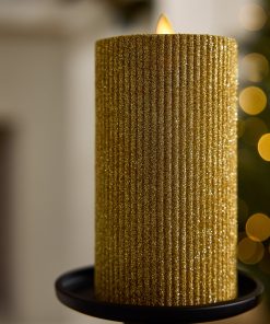 Rich Gold Glitter Ribbed Flameless Candle Pillar