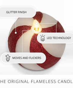 Red Candy Cane Glitter Stripe White Flameless Candle Sphere