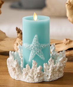 Soft Teal Embossed Starfish Flameless Candle Pillar