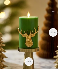 Holiday Green Reindeer Flameless Candle Pillar