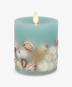 Soft Teal Embedded Seashell & Starfish Flameless Candle Pillar