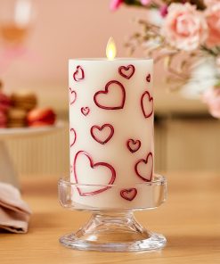 White Porcelain with Metallic Raspberry Hearts Flameless Candle Pillar