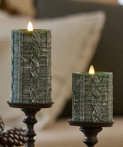 Holiday Green Sweater Knit Flameless Candle Pillar