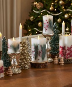 Embedded Pine, Berries & Pinecones Flameless Candle Pillar
