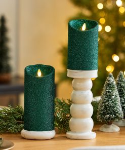Holiday Green Glitter Flameless Candle Pillar