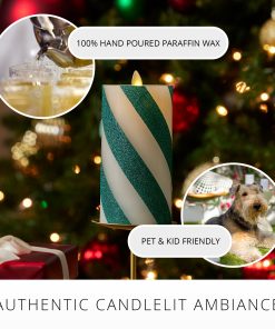 Green Candy Cane Wide Glitter Stripe Flameless Candle Pillar