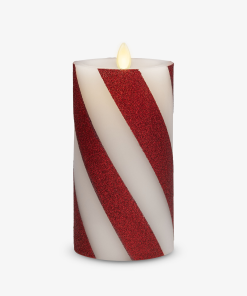 Red Candy Cane Wide Glitter Stripe White Flameless Candle Pillar