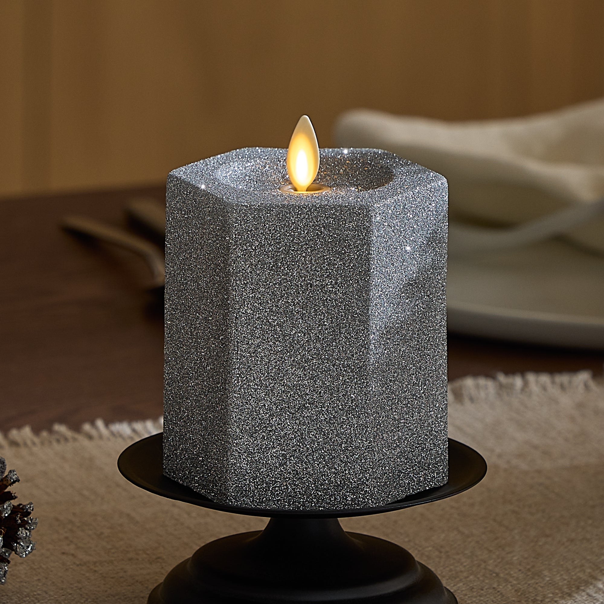 sm-image-e4b2ec531cbad9bbb577e9c5 Brilliant Silver Hexagon Flameless Candle Pillar