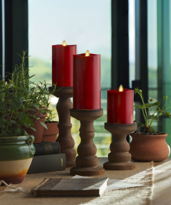 Burgundy Flameless Candle Pillars with Remote - Melted Top - Set of 3