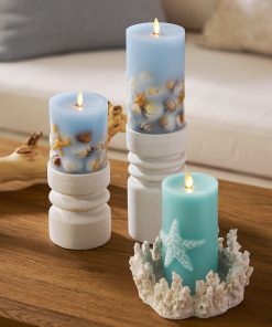 Soft Chambray Embedded Seashell & Starfish Flameless Candle Pillars