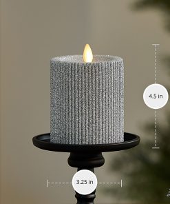Brilliant Silver Glitter Ribbed Flameless Candle Pillar