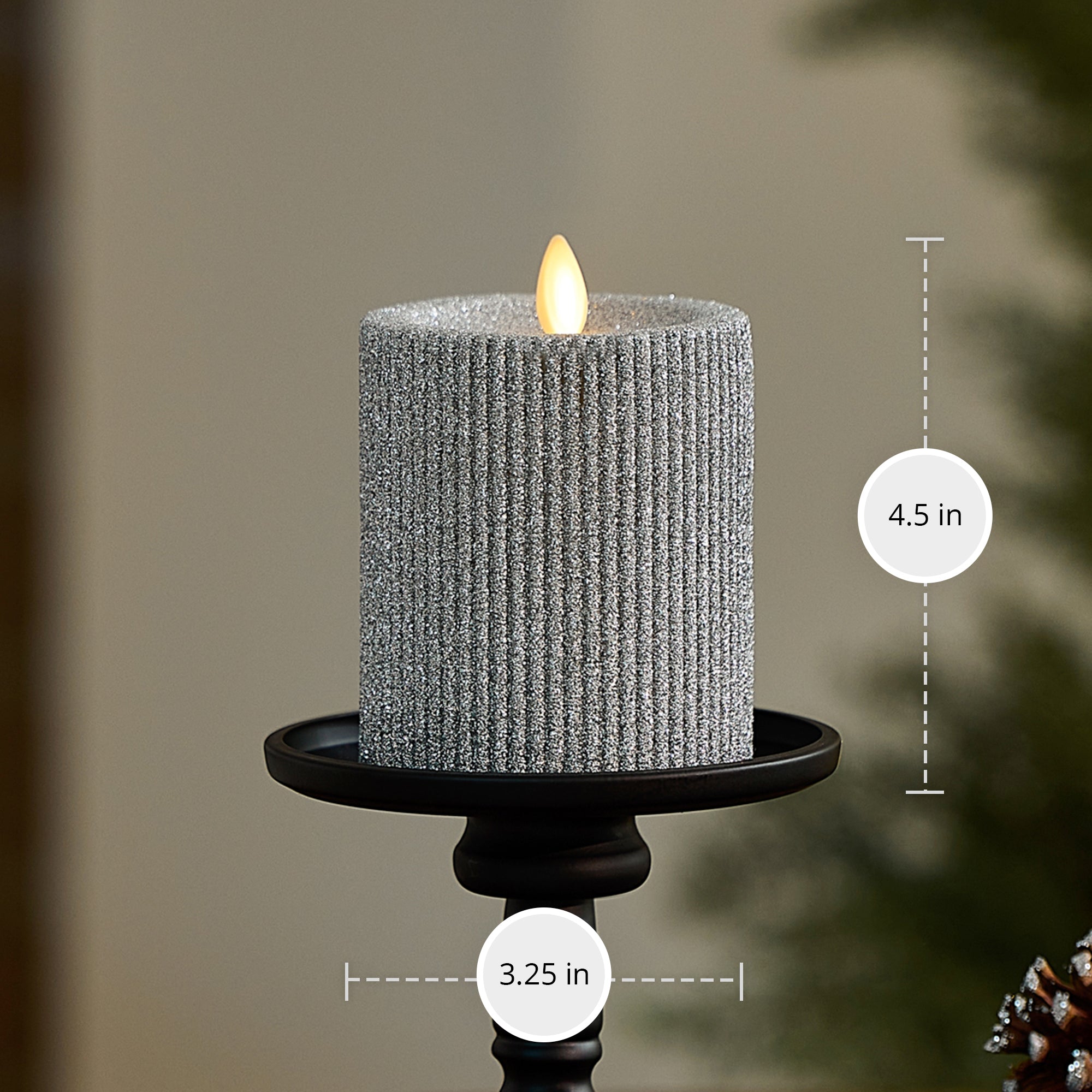 sm-image-e8f38bec7b0d1b35ca751036 Brilliant Silver Glitter Ribbed Flameless Candle Pillar