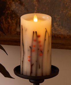Pearl Ivory Embedded Orange Berries & Twigs Flameless Candle Pillar