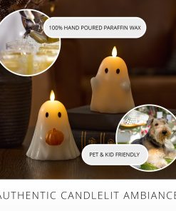 Bright White Ghost Holding Pumpkin Flameless Candle