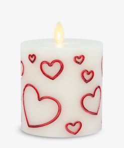 White Porcelain with Metallic Red Hearts Flameless Candle Pillar