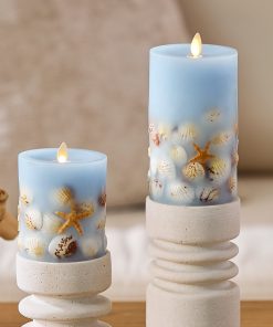 Soft Chambray Embedded Seashell & Starfish Flameless Candle Pillars