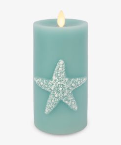 Soft Teal Embossed Starfish Flameless Candle Pillar