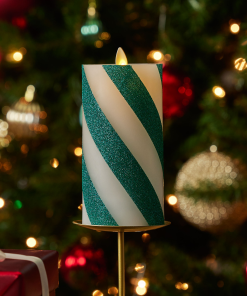 Green Candy Cane Wide Glitter Stripe Flameless Candle Pillar